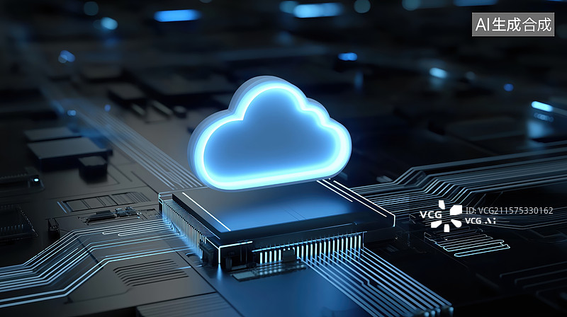 【AI数字艺术】发光的云图标在电路板上图片素材