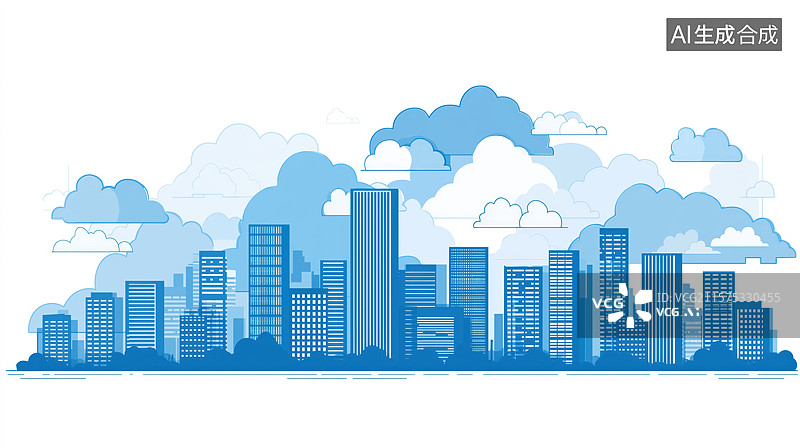【AI数字艺术】蓝色城市天际线与云朵图片素材