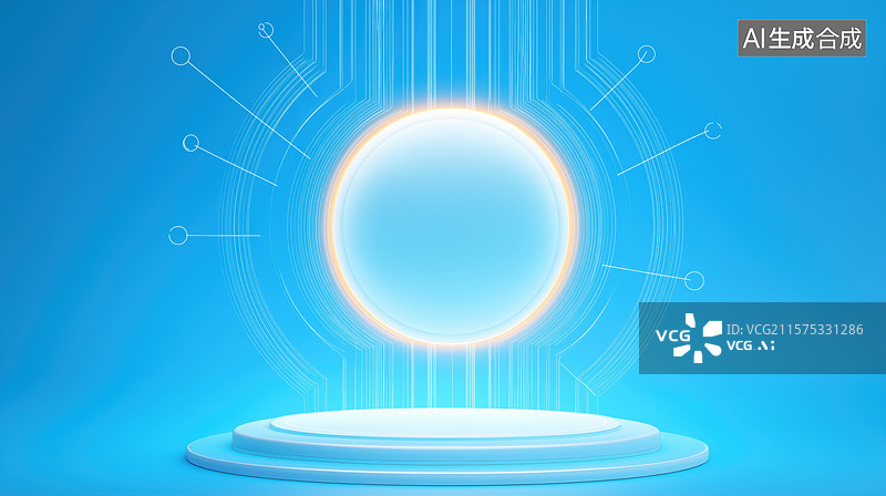 【AI数字艺术】蓝色背景中的发光圆形装置图片素材