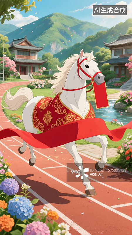 【AI数字艺术】马到成功巨大白马马身矫健四蹄扬起姿态充满力量感图片素材