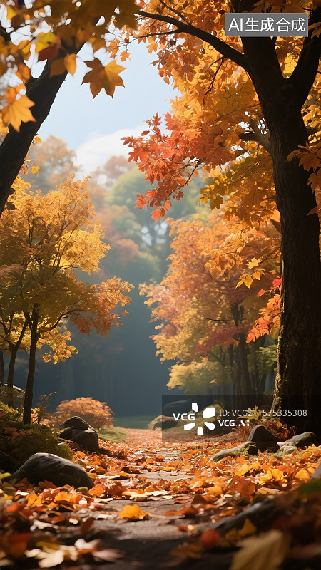 【AI数字艺术】秋天枫叶森林树木飘落立秋秋分节气自然场景插画图片素材