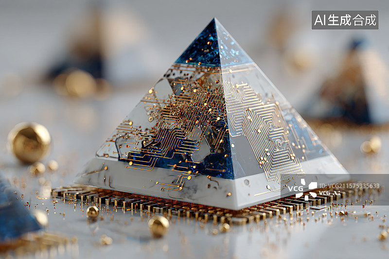 【AI数字艺术】电路板上埃及金字塔形状的中央处理器芯片图片素材