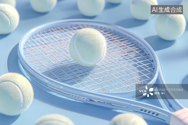 【AI数字艺术】地面上的网球与网球拍，网球运动宣传图图片素材