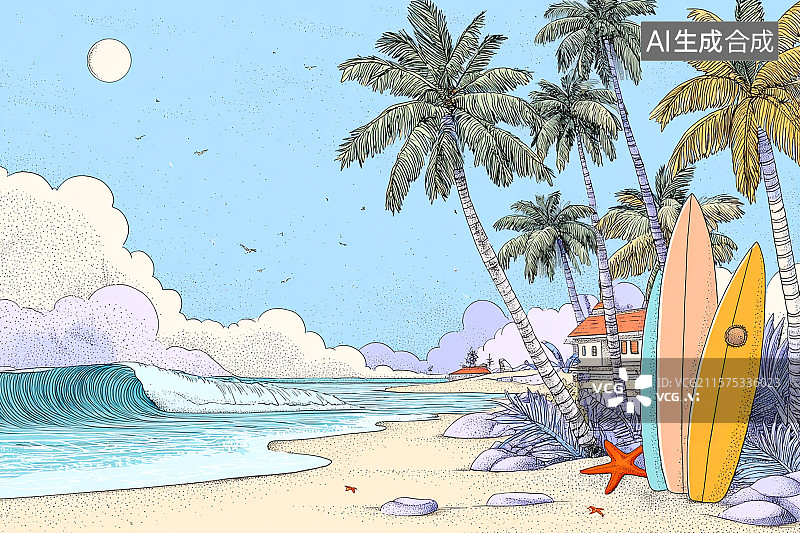 【AI数字艺术】蔚蓝的海水，沙滩上的冲浪滑板插画图片素材
