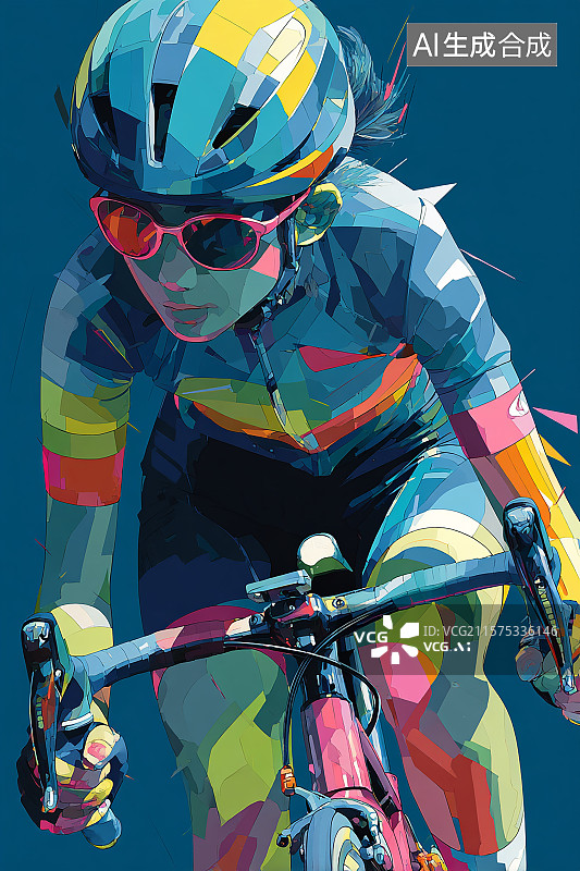 【AI数字艺术】自行车赛运动员戴着魔镜比赛插画图片素材