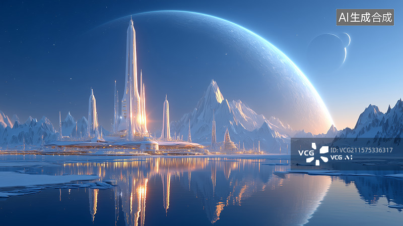 【AI数字艺术】未来科幻建筑与雪山湖泊图片素材