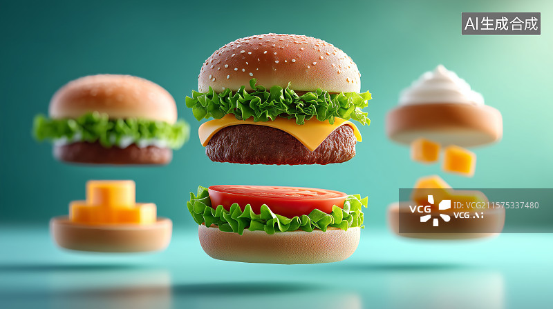 【AI数字艺术】悬浮的汉堡配料图片素材