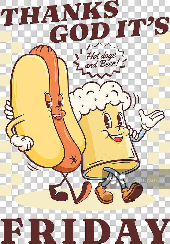 复古风格的酷热狗和啤酒杯角色图片素材