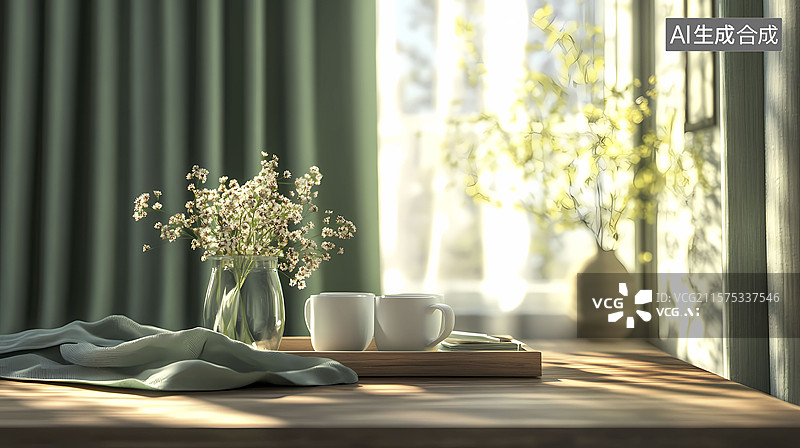 【AI数字艺术】桌子窗帘花朵咖啡海报背景图片素材