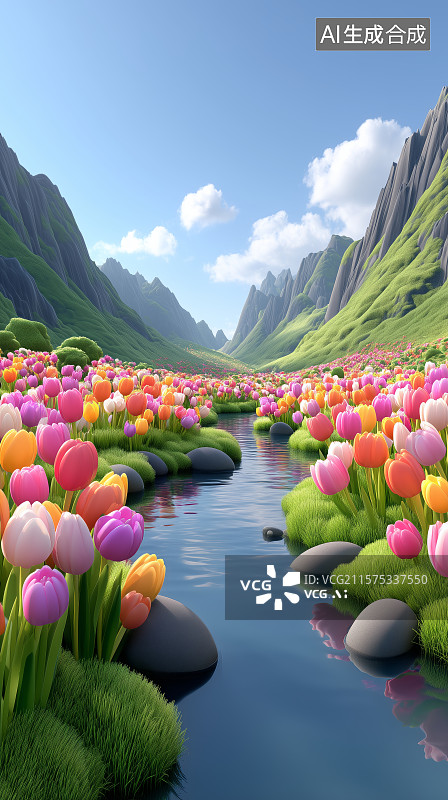 【AI数字艺术】山谷中的花海与溪流图片素材