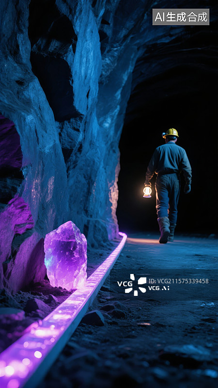 【AI数字艺术】矿工在神秘洞穴中探索发光晶体图片素材