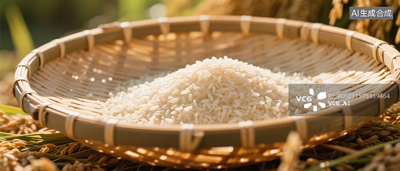 【AI数字艺术】竹筛中的白米与稻谷图片素材