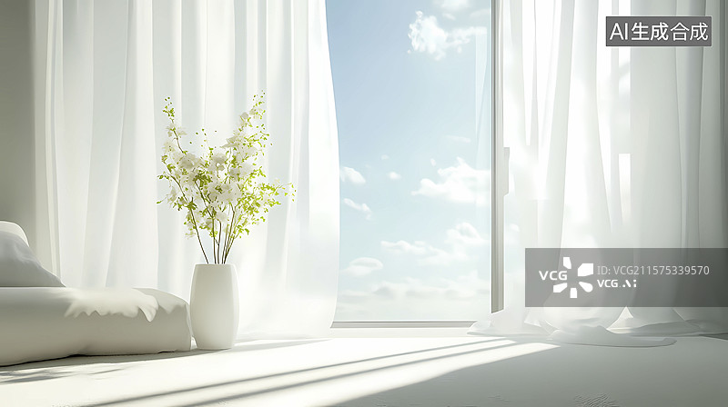 【AI数字艺术】室内白色窗户纱帘海报背景图片素材