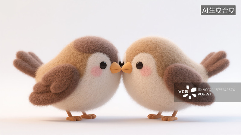 【AI数字艺术】可爱3D卡通小鸟白色背景上依偎毛毡情侣鸟创意情人节插画杂志封面教育读物象征爱情亲情友情图片素材
