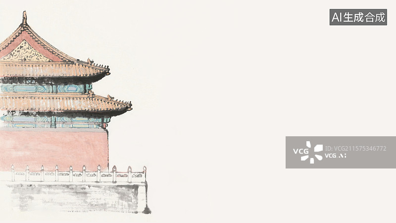 【AI数字艺术】复古中国风水墨画居左背景，新国风中式古建筑红墙黄瓦琉璃瓦汉白玉基底座围栏双重屋檐屋顶皇家园林景观设计图片素材