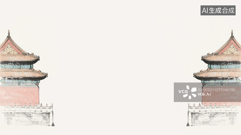 【AI数字艺术】复古中国风水墨画两侧背景，新国风中式古建筑红墙黄瓦琉璃瓦汉白玉基底座围栏双重屋檐屋顶皇家园林景观设计图片素材