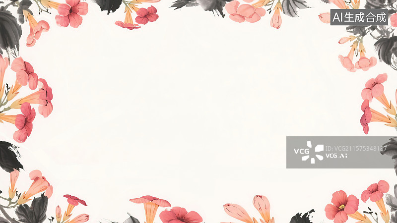 【AI数字艺术】复古中国风水墨画环绕背景，凌霄花新国风毛笔墨水笔触装饰画印花图案花边边框角图广告包装设计素材插图图片素材