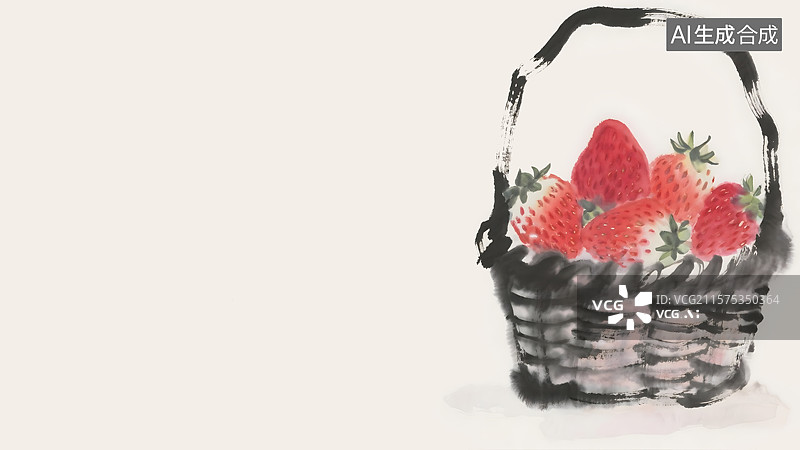 【AI数字艺术】一篮草莓水墨画背景居右图片素材