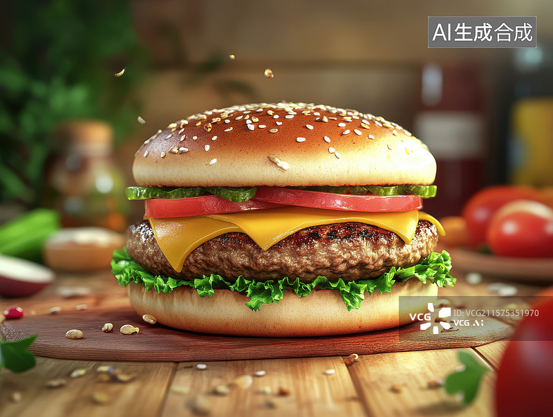 【AI数字艺术】美味汉堡特写，配以新鲜蔬菜和酱料图片素材