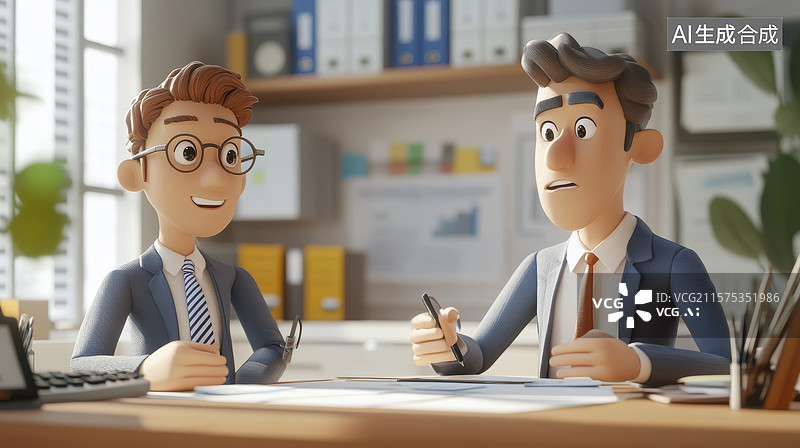 【AI数字艺术】办公室内两位商务人士讨论文件图片素材
