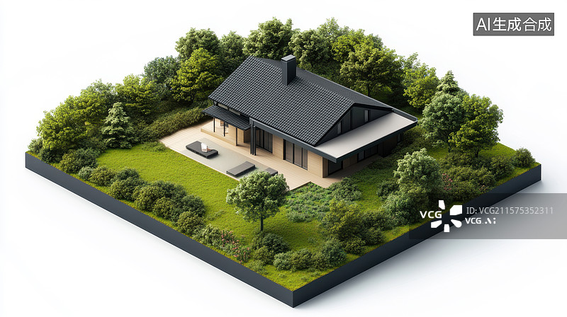 【AI数字艺术】现代别墅与绿植环绕的景观设计图片素材