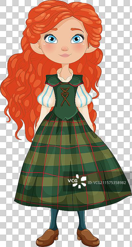 穿着绿色裙子的红发小女孩图片素材
