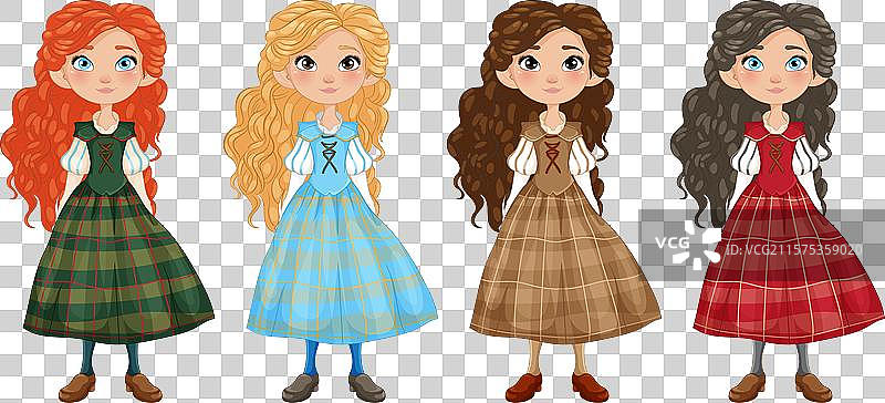 四个穿着色彩斑斓传统服饰的女孩图片素材