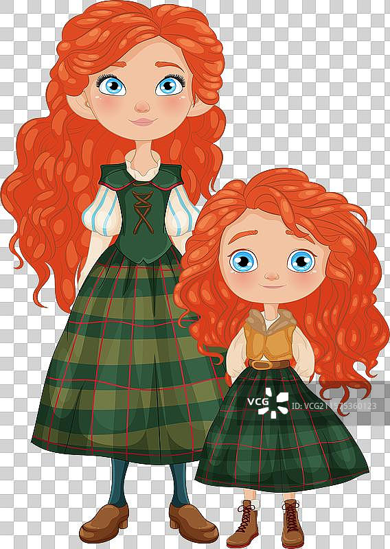 两个红发角色穿着绿色格子裙图片素材