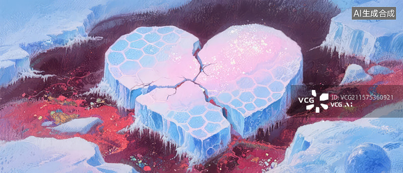 【AI数字艺术】冰裂之心：粉蓝交织的奇幻景观图片素材