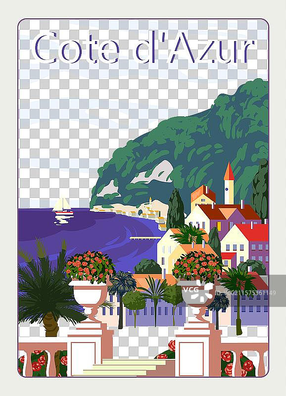 蔚蓝海岸法国里维埃拉海岸复古海报图片素材