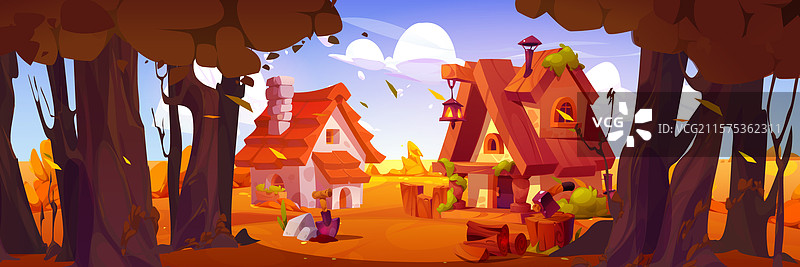 秋季森林中的温馨村庄房屋图片素材