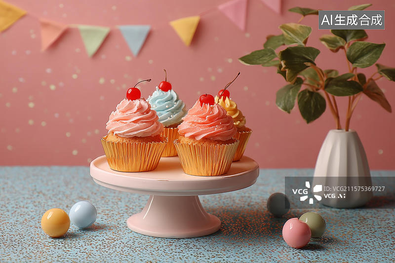 【AI数字艺术】粉色背景上的彩色小蛋糕图片素材