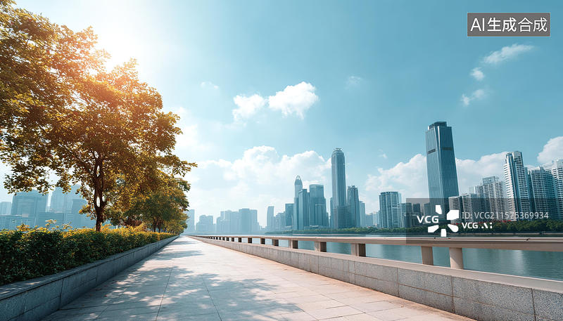 【AI数字艺术】现代都市天际线下的城市景观小径图片素材