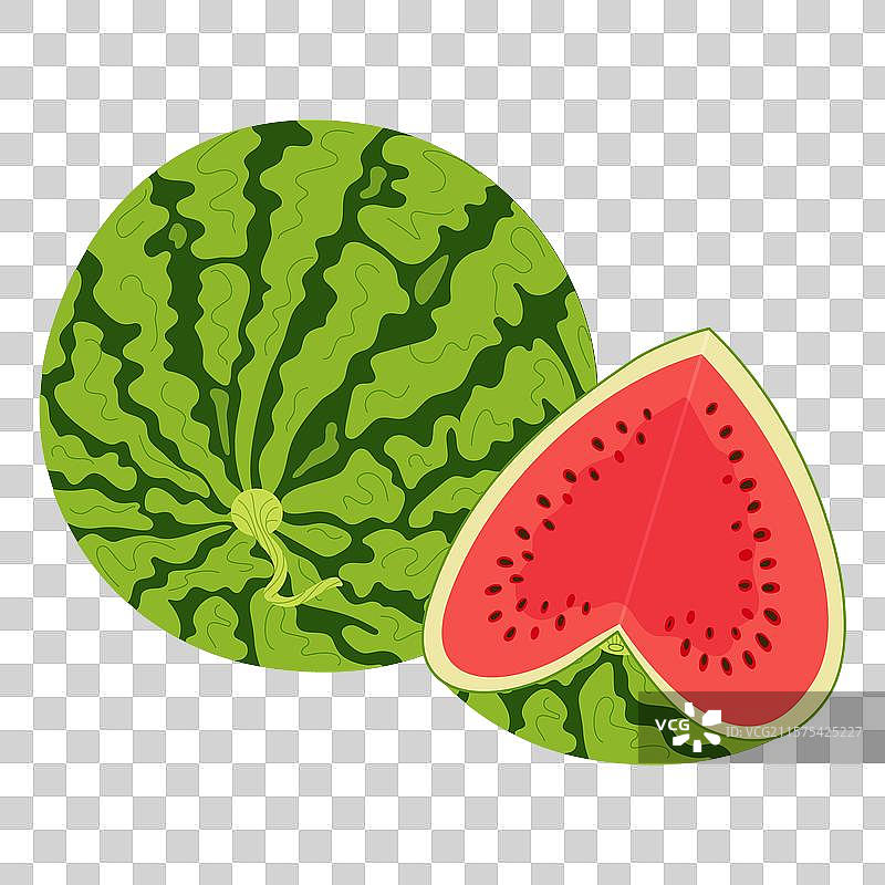 成熟的红色整颗和切开的西瓜手绘扁平图图片素材