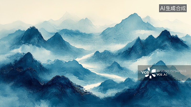 【AI数字艺术】青蓝山峦云雾缭绕图片素材