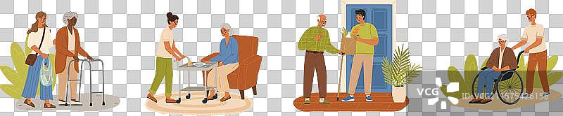 老年人和护理人员的卡通角色图片素材