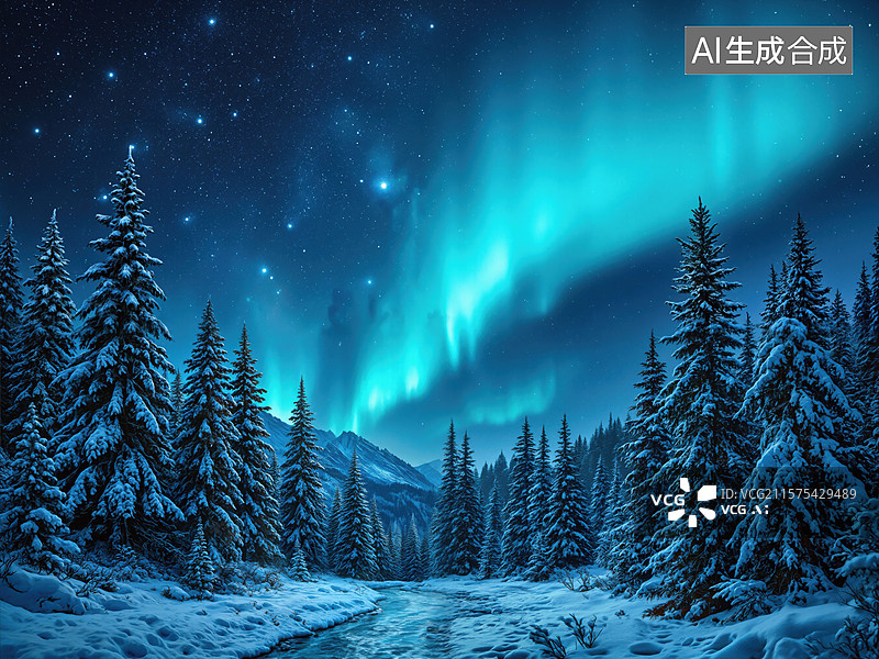 【AI数字艺术】极光森林夜景图片素材