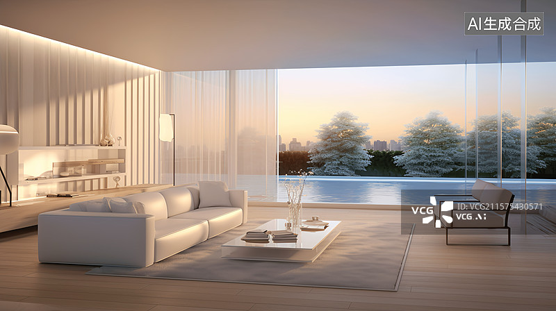 【AI数字艺术】现代假日别墅游泳池海景房客厅图片素材