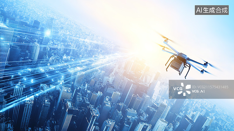 【AI数字艺术】无人机在城市中寄送快递和低空经济概念图片素材