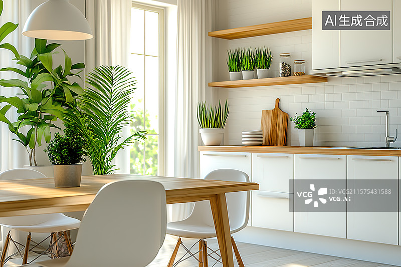 【AI数字艺术】现代风格奶油色厨房室内设计图片素材