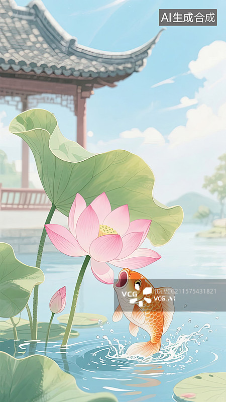 【AI数字艺术】2D，金鱼，跳跃，荷花，插图片素材
