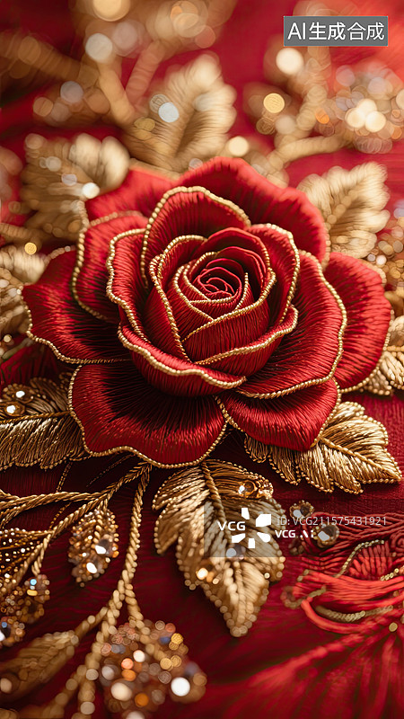 【AI数字艺术】玫瑰花，刺绣，珠宝，高雅，插画图片素材