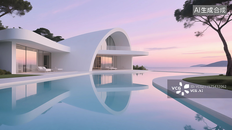 【AI数字艺术】海边极简现代建筑和泳池图片素材