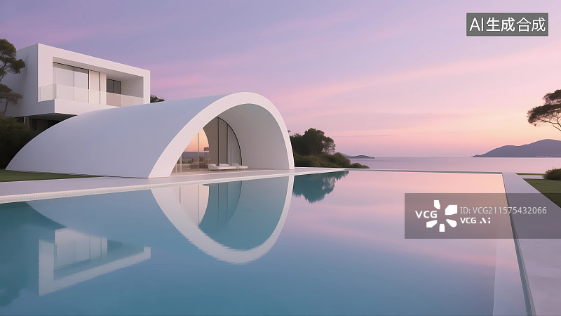 【AI数字艺术】海边极简现代建筑和泳池图片素材