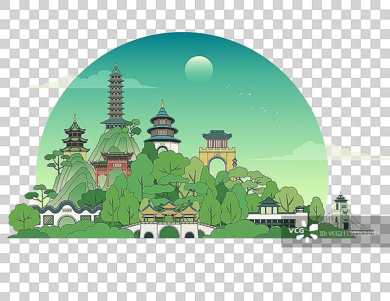 扬州城市风景描边矢量插画图片素材