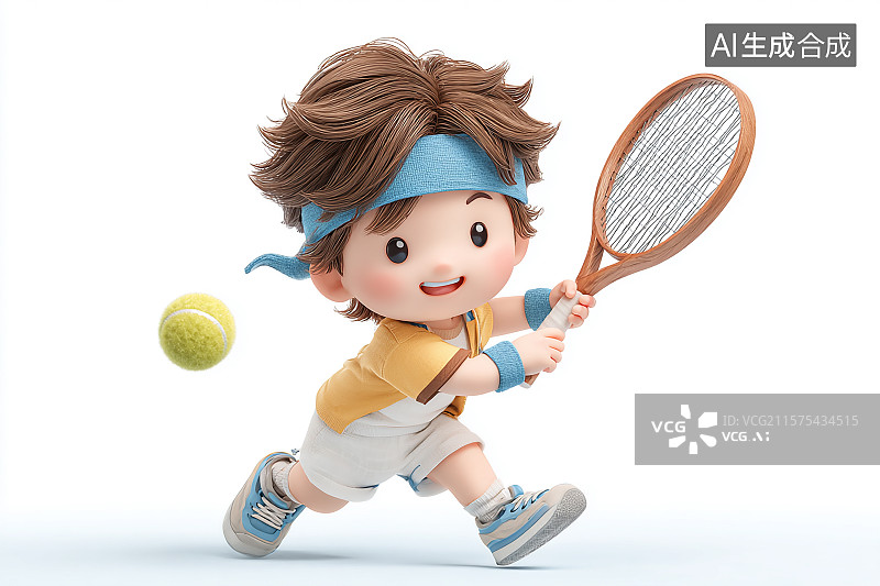 【AI数字艺术】卡通风格，白色背景，一名小男孩在打网球图片素材
