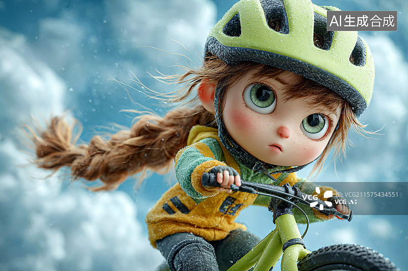 【AI数字艺术】卡通风格，戴着安全帽，户外骑着脚踏车的小女孩图片素材