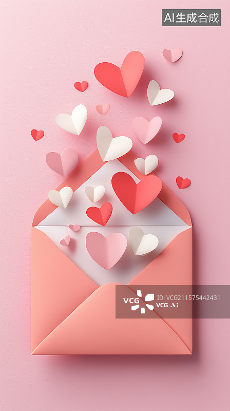 【AI数字艺术】情人节主题背景——打开的信封与粉色爱心图片素材