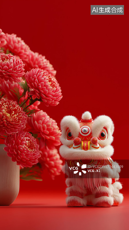 【AI数字艺术】春节主题红色极简背景——舞狮图片素材