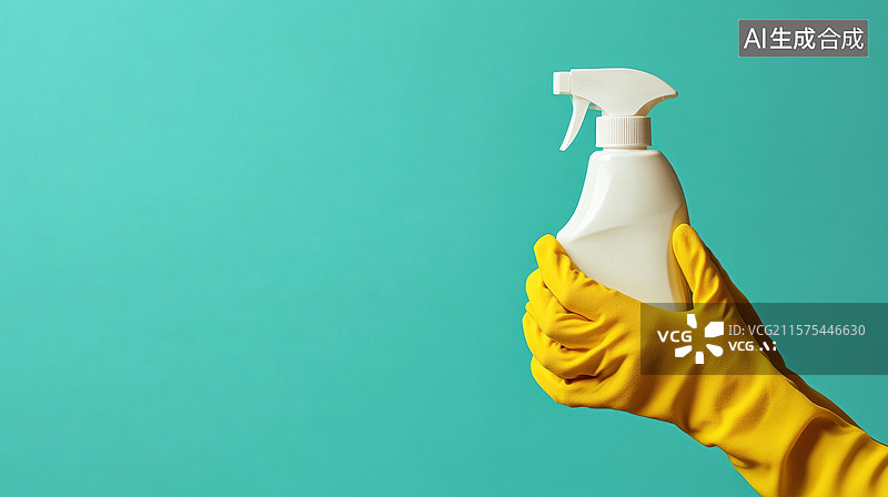 【AI数字艺术】手戴黄色手套持白色喷雾瓶图片素材
